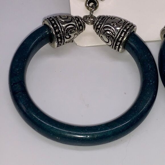 Silver Tone Hoop Earrings Boho Vintage Swirl Teal - Picture 2 of 7